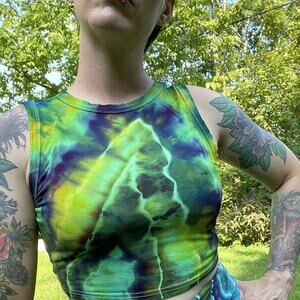 Women's Tie Dyed Tank Crop - Ice Dye Geode Handmade - Green Geode (Large)